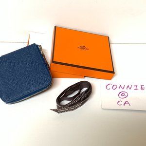 ''SOLD'' NIB Hermes Silk' In Change Purse Navy Epsom